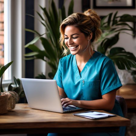 happy-anglo-nurse-checking-emails-in-her-laptop